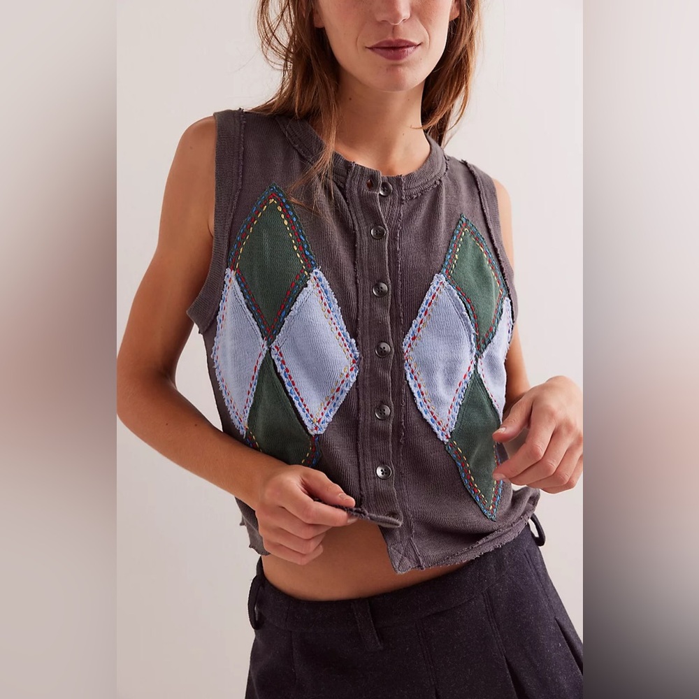 Free People Charcoal Gray Knit Vest with Green & Light Blue Argyle - Picture 8 of 9